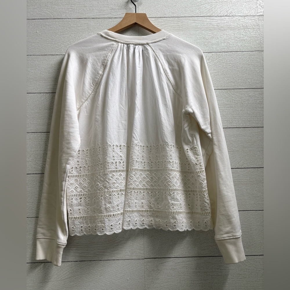 J. Crew White Eyelet Back Sweatshirt Medium Cotton Lace Embroidered - Picture 7 of 10